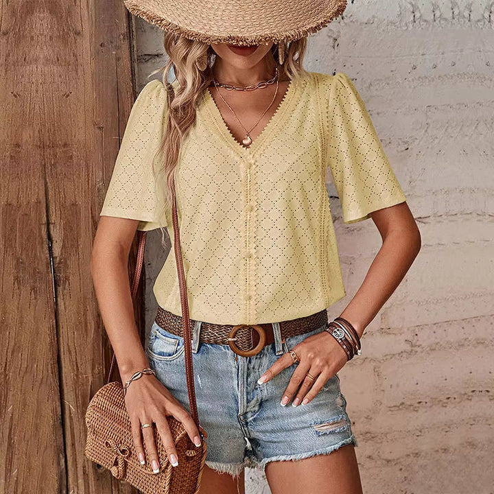 Blusa De Mujer De Manga Corta Con Escote En V