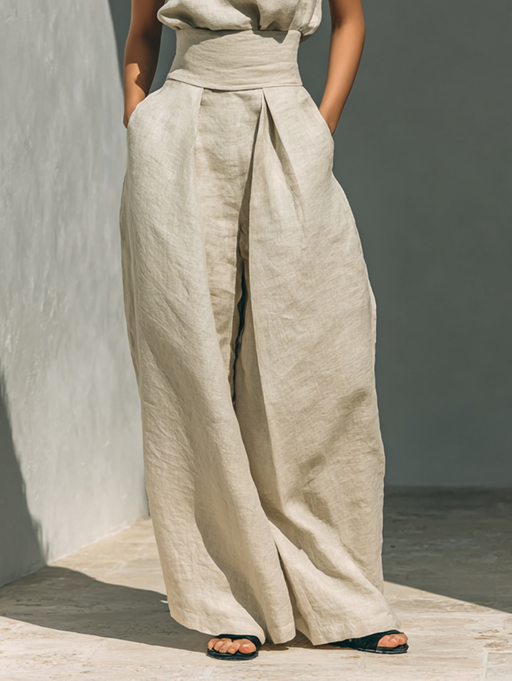 Conjunto Mujer Algodón Lino Sin Mangas Pantalón Ancho