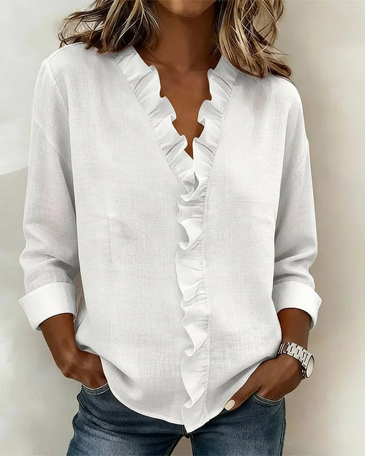 Blusa Elegante con Escote en V y Volantes Delicados