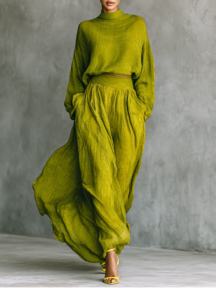 Conjunto Mujer Algodón Lino Verde Con Pantalón Ancho