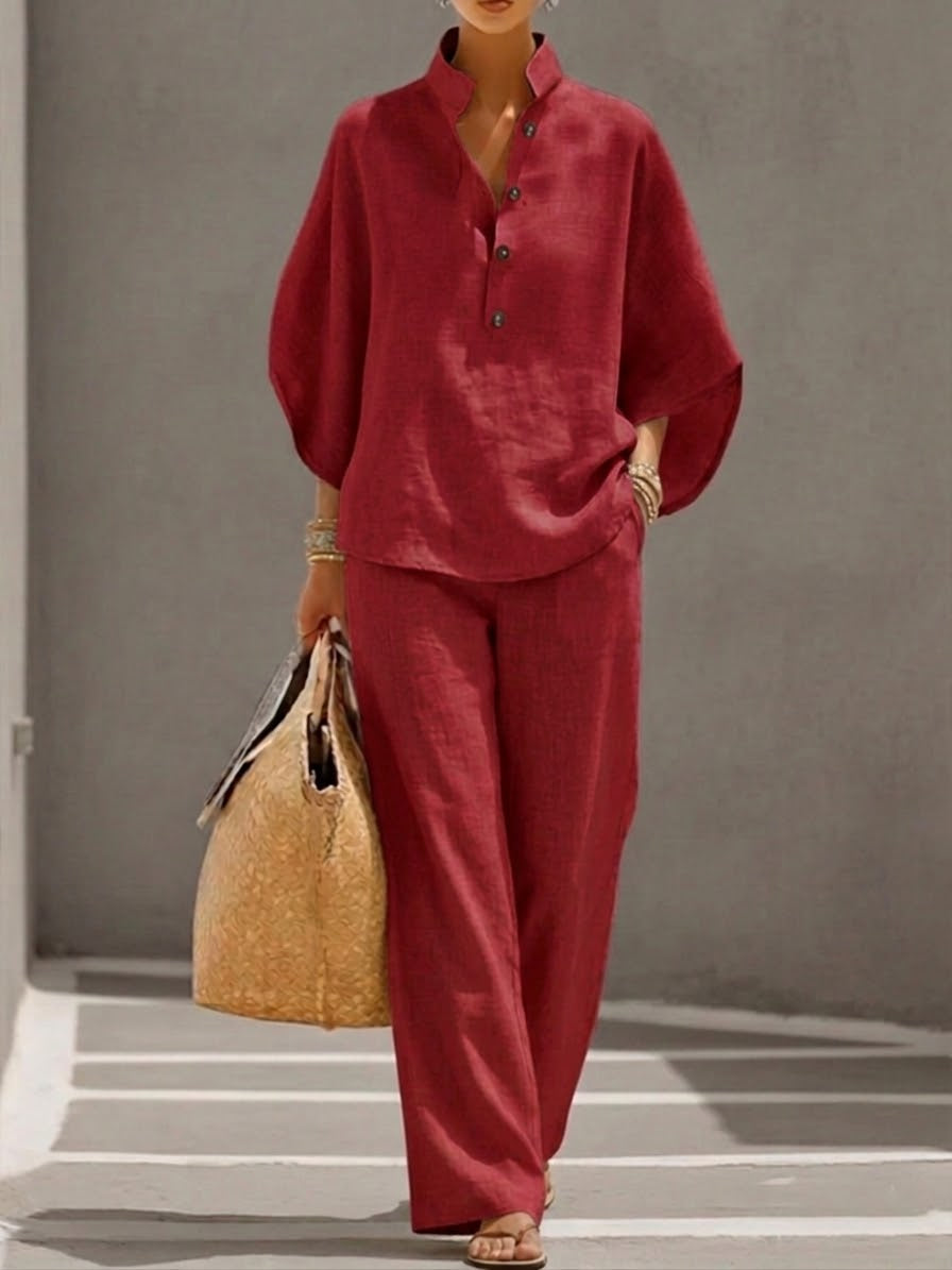 Conjunto De Lino Mujer Con Manga Murciélago Y Pantalón Ancho